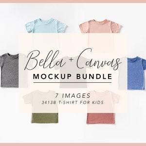 May include: Seven different color t-shirts for kids laid out on a white surface. The t-shirts are in the colors grey, light blue, pink, blue, green, and red. The text "Bella + Canvas MOCKUP BUNDLE 7 IMAGES 3413B T-SHIRT FOR KIDS" is in the center of the image.