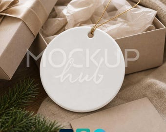 Christmas Ornament Mockup Canva Template Round Ceramic Ornament with Gold String, Photoshop Smart Object PSD, Canva PNG, Print on Demand
