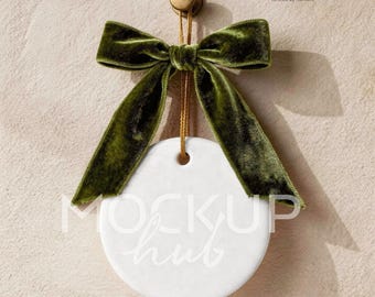 Christmas Ornament Mockup Canva Template Round Ceramic Ornament with Gold String, Photoshop Smart Object PSD, Canva PNG, Print on Demand