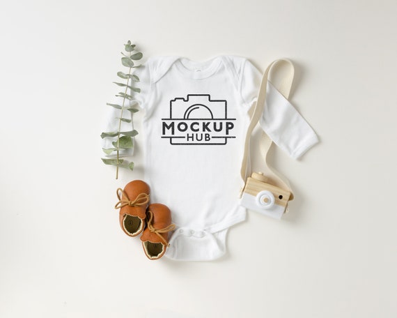 Rabbit Skins 4411 White Bodysuit Flat Lay Baby Mockup Long