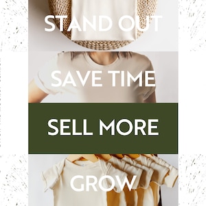May include: A collage of images featuring white t-shirts with the text "Stand Out", "Save Time", "Sell More", and "Grow". The text is in a bold, sans-serif font. The background is a white and gray textured pattern.