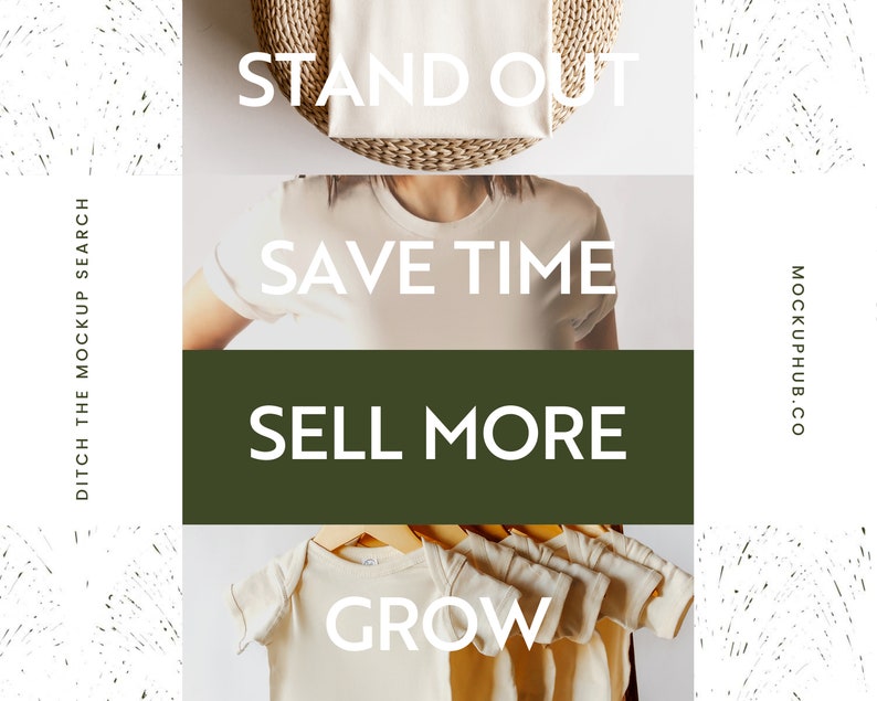 May include: A collage of images featuring white t-shirts with the text "Stand Out", "Save Time", "Sell More", and "Grow". The text is in a bold, sans-serif font. The background is a white and gray textured pattern.