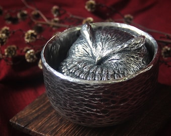 Owl figurine sleep in teacup. Handmade steel owl art in cup. Owl metal sculpture statue totem figure. Originally sculpted in wood.