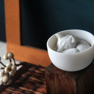 May include: A white ceramic bowl with a sleeping white fox figurine inside. The bowl is sitting on a wooden block.