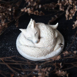 Miniature white nine tailed fox figurine sleep in woods. Handmade resin fox art. Sleeping Katsune figure. Kumiho sculpture statue totem.