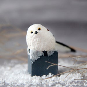 Miniature silver throated bushtit collatable sculpture toy. Handmade resin bird statue, totem, figure, home decor, artisan gift