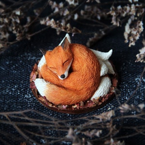 Miniature red nine tailed fox figurine sleep in woods. Handmade resin fox art. Sleeping Katsune figure. Fox sculpture statue totem.