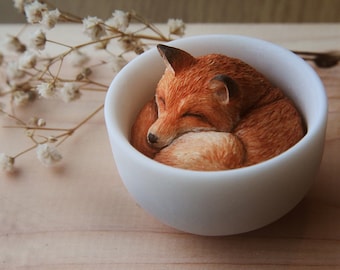 Miniature red fox figurine sleep in teacup. Handmade resin teacup fox art in cup. Tea fox sculpture statue totem figure.