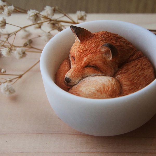 Miniature red fox figurine sleep in teacup. Handmade resin teacup fox art in cup. Tea fox sculpture statue totem figure.