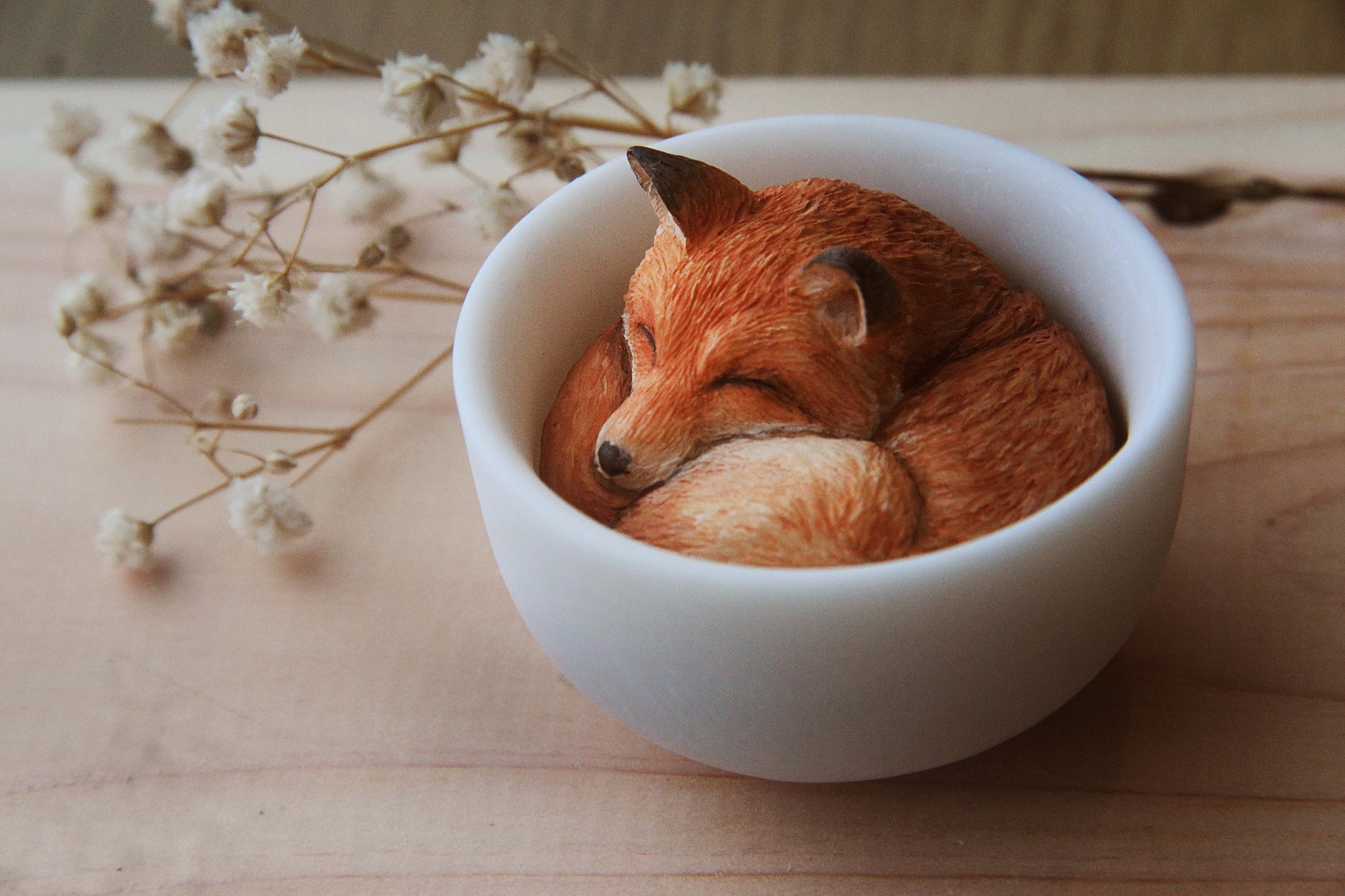 miniature figure necklace forest style micro sculpture animal Red Fox pendant resin wood