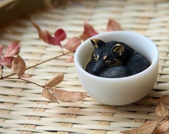 Tea Fox / Teacup Fox (Oinari Black Fox) - Handmade Resin Art, Animal Miniature, Animal Decor, Gift Idea.