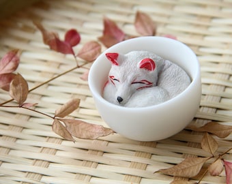 Tea Fox / Teacup Fox (Oinari White Fox) - Handmade Resin Art, Animal Miniature, Animal Décor, Gift Idea.