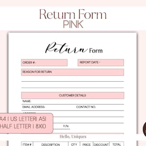 Printable Pink Return Form | For Business Owners | Return Form Tracker | Return Goods Log | Return Record | Return of Goods