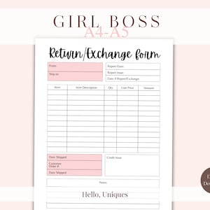 Pink Minimalist Return & Exchange Form: Printable Business Insert (A4/A5) (Digital Download