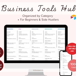 May include: A computer monitor and smartphone display a "Business Tools Hub" with categories and tools for beginners and side hustlers. The image includes the text "Instant Access" and "No Download Required."