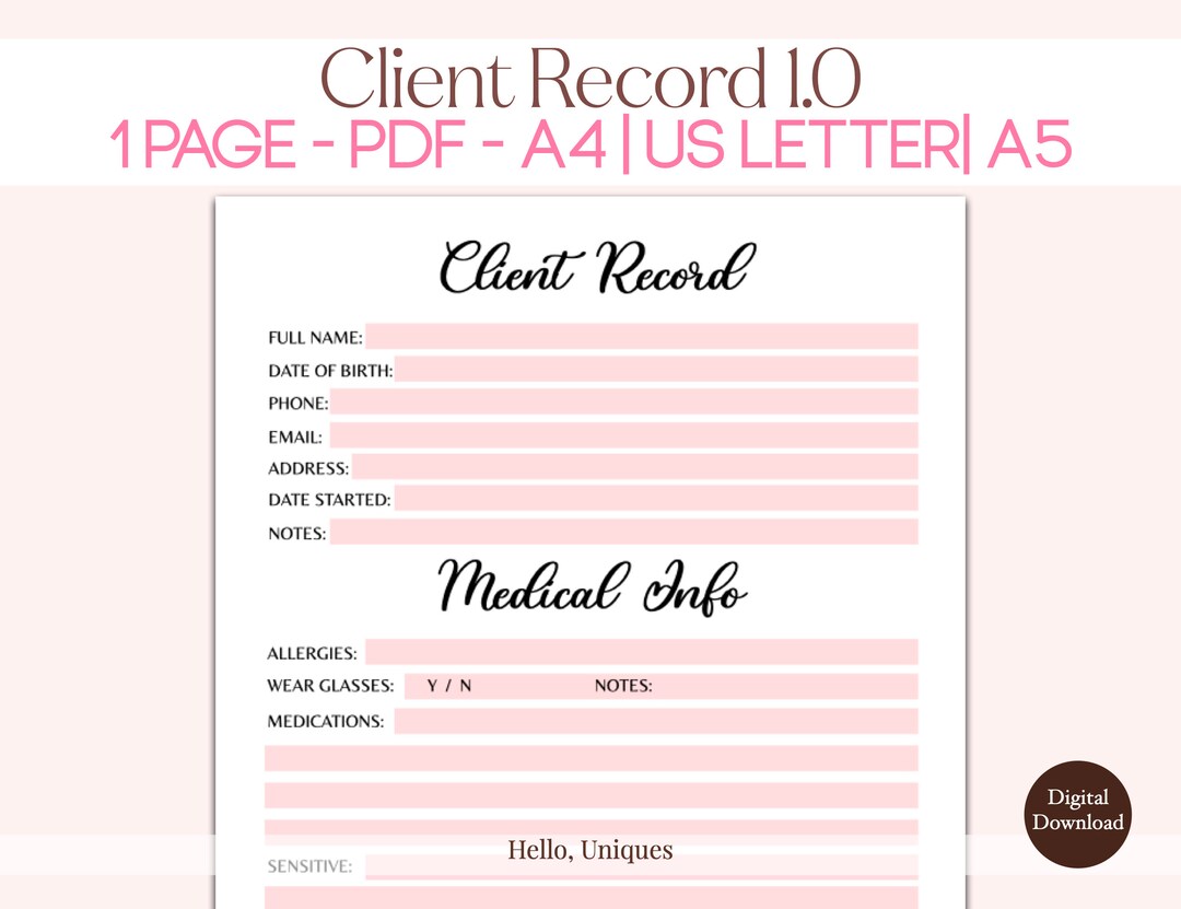 Client Record Printable PDF A4 A5 US Letter Service Base Client Tracker