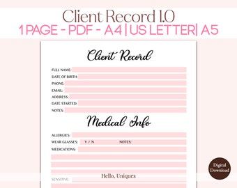 Client Record | Printable | PDF | A4 | A5 | US Letter | Service Base | Client Tracker | Client Profile |