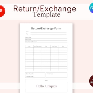 Puede incluir: Una plantilla de formulario de devolución/cambio en blanco con un logotipo "PLR" rojo en la esquina superior izquierda. El formulario incluye campos para información del cliente, detalles del artículo y notas. El texto "Hello, Uniques" está en la parte inferior.