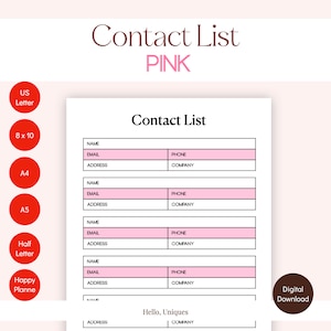 Contact List | Contact Book Pink Planner| Contact Log | Printable | A4 | A5 | Half Letter | US Letter | Log Book