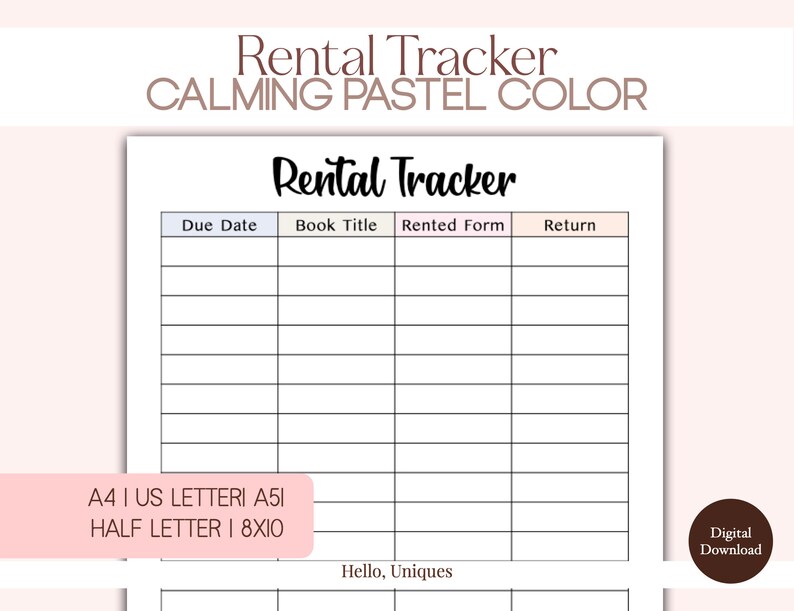 Printable Rental Tracker | A4, A5, US Letter, 8x10 (digital Download ...