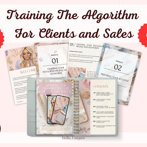 Könnte beinhalten: Ein digitaler Download-Leitfaden mit dem Titel "Training The Algorithm For Clients and Sales" mit 18 Seiten. Der Leitfaden ist in zwei Module unterteilt: Erstellen Sie Ihr Instagram-Profil mit Keywords und Bereiten Sie Ihr Konto vor. Der Leitfaden enthält ein Inhaltsverzeichnis mit sieben Schritten: Erstellen Sie Ihr Instagram-Profil mit Keywords, Bereiten Sie Ihr Konto vor, Stellen Sie Ihr Konto an die Spitze, Nutzen Sie Keywords und SEO-Strategien, Maximieren Sie Ihren Bio-Link, Intelligente Hashtag-Strategie und Strategische Verbindungsstrategie.