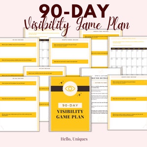 Op de afbeelding: Een 90-daags zichtbaarheidsspelplan met een geel en zwart kleurenschema. Het plan omvat een kalender, werkbladen en een checklist om je te helpen je zichtbaarheid online te vergroten. De tekst "90-DAY VISIBILITY GAME PLAN" staat in een groot lettertype op een gele achtergrond.