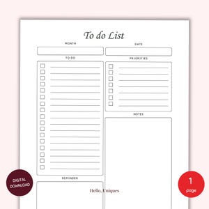 Może przedstawiać: Drukowalna lista rzeczy do zrobienia z sekcjami na miesiąc, datę, do zrobienia, priorytety, notatki i sekcję przypomnień. Tekst "To do List" znajduje się u góry strony. Tekst "Hello, Uniques" znajduje się na dole strony. Tekst "1 strona" znajduje się w czerwonym kółku w prawym dolnym rogu strony.