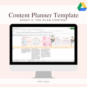 Puede incluir: Una pantalla de ordenador que muestra una hoja de cálculo de Google con una plantilla de planificador de contenido. La hoja incluye secciones para "Pegatina de planificador digital", "Notas digitales", "Portada digital" y "Lista de verificación semanal". La hoja se titula "Plantilla de planificador de contenido" y "Hoja 2: El contenido del plan".