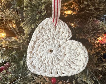 Crocheted Twine Heart Christmas Ornament / Farmhouse Ornament