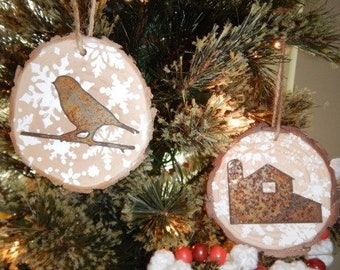 Wood Slice Ornament; Barn, Rooster or Bird Ornament