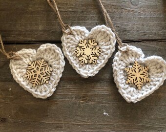 Crocheted Heart with Snowflake/ Farmhouse Christmas Ornament