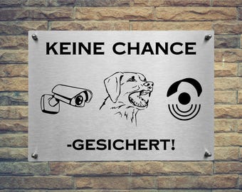 Stainless steel warning sign for video surveillance – Attention: Video surveillance and alarm-protected. No trespassing. Warning
