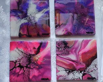 Ceramic Tile Coasters Set of Four Pink and Purple Resin
