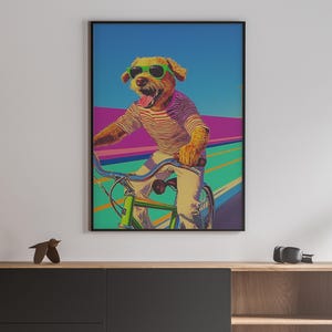 Retro Hund Kunstdruck, buntes Pop-Art-Poster, coole Hundewandkunst, flippiges Fahrrad-Hundedekor, schrulliges Geschenk für Tierliebhaber