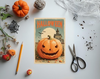 Vintage Halloween Pumpkin Print: Spooky Haunted House Wall Art (Digital Download)