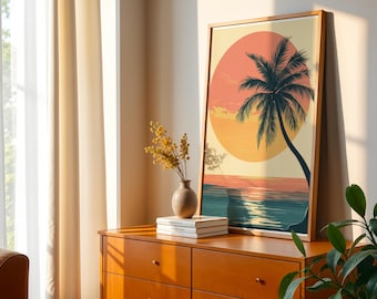 Tropical Sunset Print: Retro Palm Tree Beach Art (Digital Download)