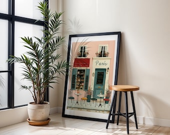 Paris Street Cafe Art - Charmante französische Bistro-Illustration, rosa Paris-Wandkunst, feminine Pariser Dekoration, sofortiger Download zum ausdrucken