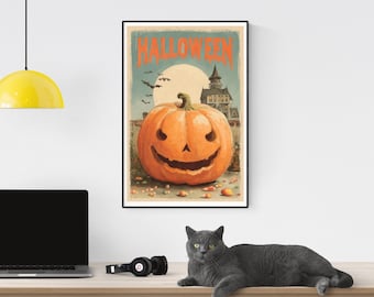 Vintage Halloween Pumpkin Print, Haunted House, Spooky Wall Art (Digital Download)