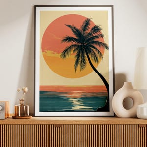 Arte mural de atardecer tropical, impresión retro de palmera, póster de playa minimalista, decoración oceánica vintage, obra de arte estética de verano