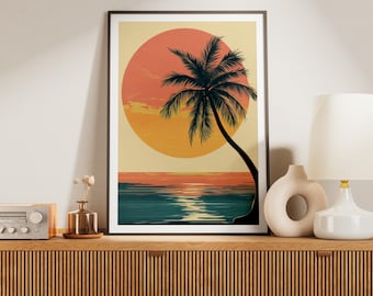 Tropical Sunset Print: Retro Palm Tree, Beach Ocean Decor (Digital Download)