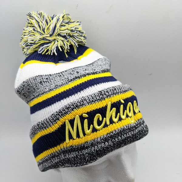 Michigan Winter Beanie Stocking Cap - Pom Pom - Warm, Soft, Knitted - Embroidered