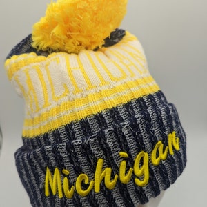 Michigan Winter Hat - Yellow Blue - Soft Plush Lined Hat- Pom Pom- Beanie Stocking Cap Warm