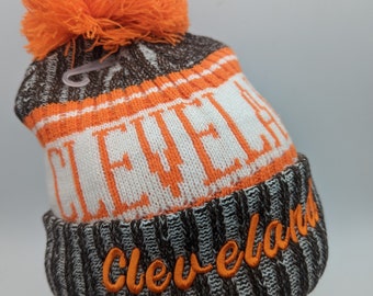 Cleveland Winter Hat - Orange Brown - Soft Plush Lined Hat- Pom Pom- Beanie Stocking Cap Warm
