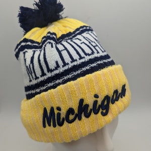Michigan Winter Hat - Blue Yellow - Soft Plush Lined Hat- Pom Pom- Beanie Stocking Cap Warm