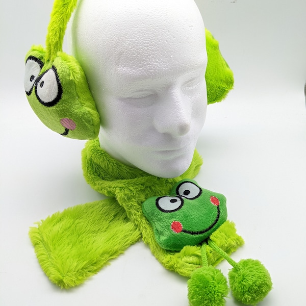Childrens Winter Ear Muff & Scarf Set - Soft Plush - Cute Animals - Green Frog