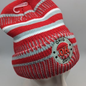 Ohio Winter Hat - Grey Gray Red Scarlet - Soft Plush Lined Hat- Beanie Stocking Cap Warm - RED