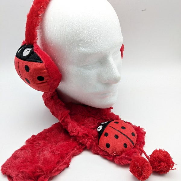 Childrens Winter Ear Muff & Scarf Set - Soft Plush - Cute Animals - Red Ladybug