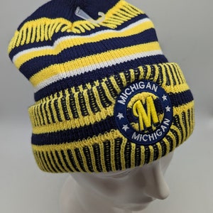 Michigan Winter Hat - Yellow Blue - Soft Plush Lined Hat- Beanie Stocking Cap Warm - Yellow