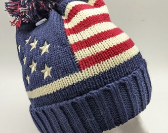 USA American Flag Beanie Pom Pom Knit Stocking Cap Toboggan Hat - Soft Plush Lining - Red White Blue Winter Hat - Adult