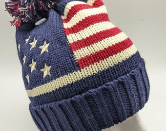 USA American Flag Beanie Pom Pom Knit Stocking Cap Toboggan Hat - Soft PLUSH LINED Red White Blue Winter Hat - Adult